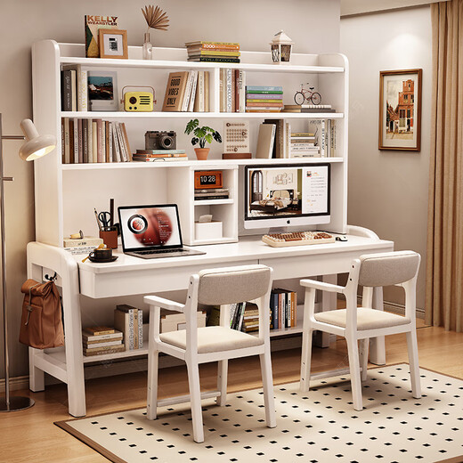 Huixun solid wood double desk bookshelf integrated table student home study table liftable bedroom wall extension computer desk walnut color #double desk + bookshelf 160cm*60cm*75cm total height 190cm