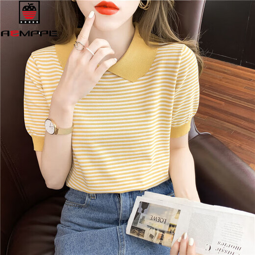 Col de poupée à rayures Aemape à manches courtes à manches courtes 2025 Été Nouveau pull de soie de glace T-shirt mince T-shirt Small Age-Reduicing Top DX691 # Yellow M Recommandé 100-120jin [Jin est égal à 0,5 kg]