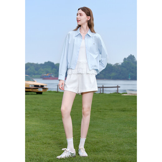 百图betu女装2025秋季新款短外套100%棉薄款休闲衬衫外套女2507T33 蓝色 L