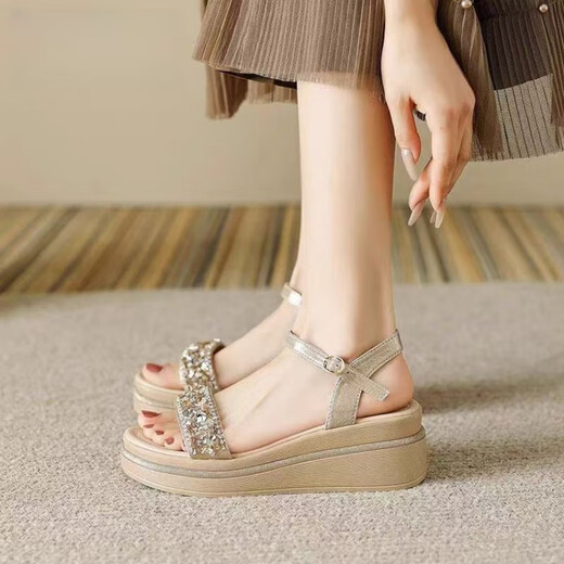 
Belle stairs heel sandals for women, summer 2025 new thick-soled strap sandals exquisite high-heeled beach women's shoes apricot color 37