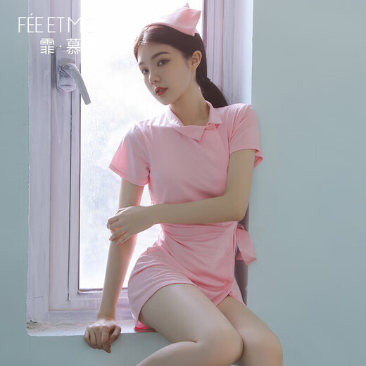 霏慕性感护士睡衣大码女仆制服诱惑激情套装调情衣服7027战袍 粉色【护士帽+连衣裙+T裤】 均码