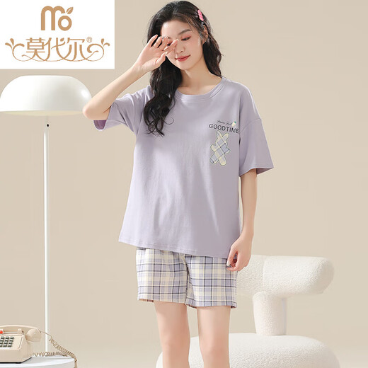 
Modal 2025 summer new pajamas for women pure cotton shorts shorts fat girl plus size with breast pad home clothing set 3519 short sleeve suit without breast pad M