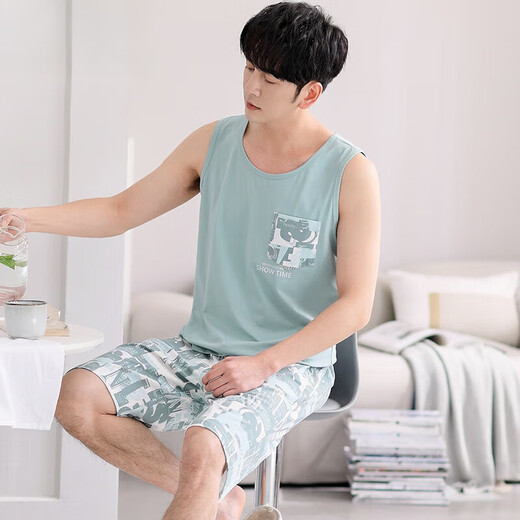 Aimu Meigui Pyjamas Herren Sommer Dünner ärmellose Shorts Heimkleidung für das einfache lässige Outfit für Männer M1048 Hellgrün M [Vorgeschlagen 100-120jin [Jin ist 0,5 kg]]
