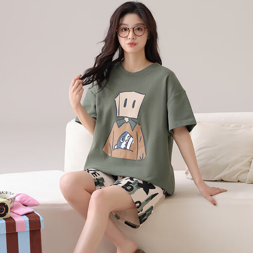Langsha pajamas for women in summer pure cotton 100% short-sleeved shorts sweet pullover girl summer thin home clothes can be worn outside 844 women M