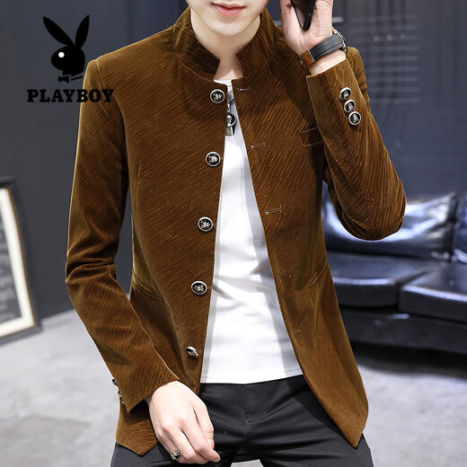Playboy (PLAYBOY) Stand Collar Casual Suit Men's Korean Style Trendy Tunic Men's Youth Small Suit Spring and Autumn Top Men's Jacket 1898 Black Velvet XL 175