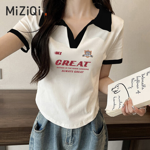 Miziqi trendy brand letter short-sleeved T-shirt for women in summer sweet and cool fashion polo neck short top red letter 11155 big chest - apricot S