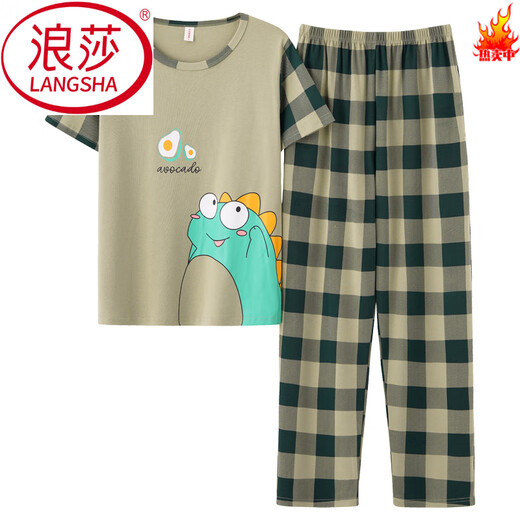 浪莎（LangSha）情侣睡衣夏季纯棉短袖长裤套装一女男士家居服春秋夏天2025年新款 HD3519# M 女款：