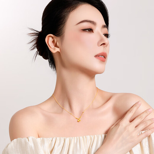 Mengjinyuan 18K gold necklace with lily of the valley and small gold beads set chain with color gold AU750 as a birthday gift for girlfriend. Weighs about 1.55g. Chain length is about 45cm.