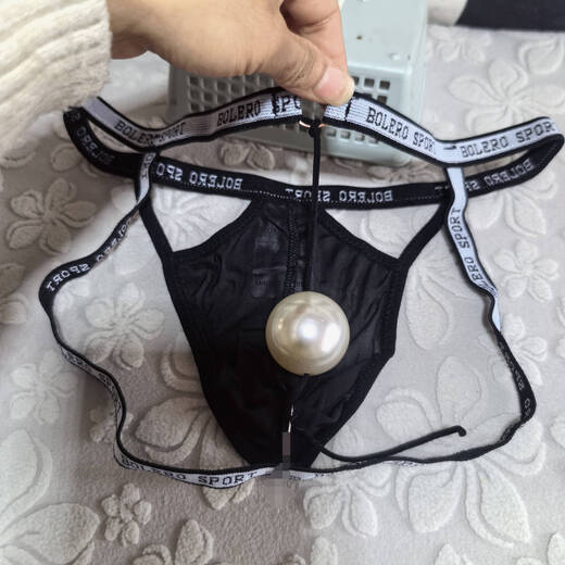 Men's double buttocks hanging 4 cm large beads, personalized play, stuffed into sexy thong, transparent buttocks stimulating underwear, black