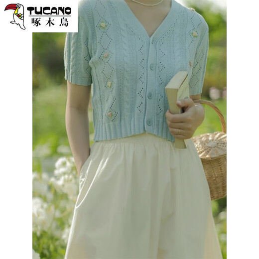 Woodpecker (TUCANO) French ice silk embroidered hollow thin knitted cardigan for women's summer white short chic v-neck short-sleeved top wear white M