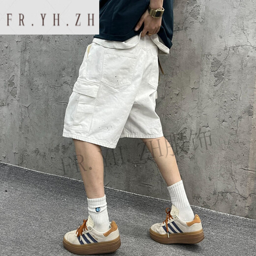 FR.YH.ZH尹小鸡 重磅水洗宽松工装大口袋白色竹节牛仔短裤五分裤男女 1049 白色 M (95-125斤)