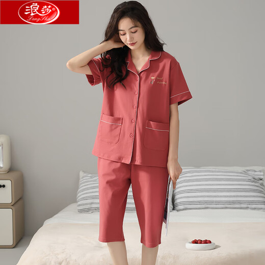 浪莎中老年人妈妈睡衣女夏季纯棉短袖七分裤休闲开衫家居服两件套装薄 N9893 M 80-100斤