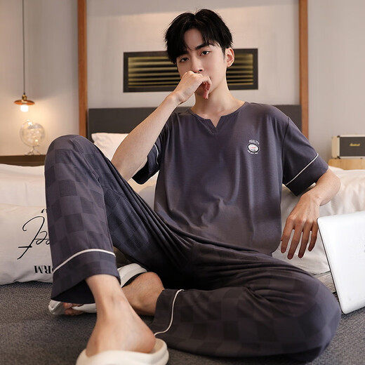 七匹狼（SEPTWOLVES）睡衣男士夏季莫代尔薄款短袖长裤冰丝凉感休闲家居服加肥大码套装 XM9918莫代尔男长裤短袖 L 男100-125斤