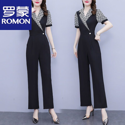罗蒙（ROMON）时尚气质显高显瘦西装连体裤套装女夏装2025新款连身连衣裤 黑色 XL