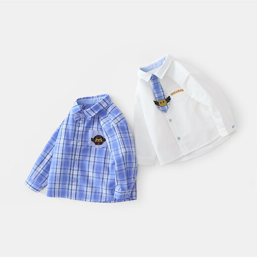 Qiqi Bear Baby Shirt Boys College Style Plaid Shirt Baby Kindergarten School Uniform New Coconut Milk White 90