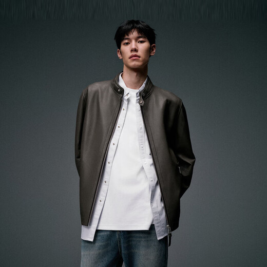 PEACEBIRD Men's Genuine Leather Jackets Stand Collar Jackets Men's Casual Quality Tops Trendy Winter Jackets Men's Green 1 (Fit) S