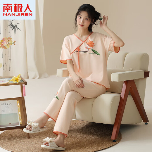 南极人（Nanjiren）官网夏季女士短袖睡衣套装新中式国风薄款棉家居服长裤夏天可外穿 LZY9905 XL (建议115-130斤)