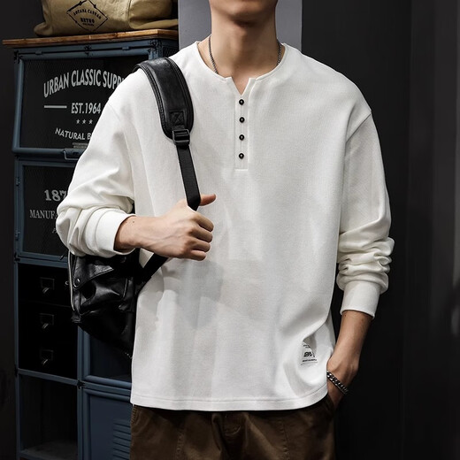 JEEP SPIRIT Jeep Premium Henley Collar Long Sleeve T-Shirt Men's Spring and Autumn Pure Cotton Tops Sweatshirt Men's Undershirt Men's White XL 130-150Jin Jin is equal to 0.5 kg