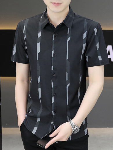 Hongdou (Hodo) Neues 2025 Sommer-Herren-Kurzärmel-Hemd Trendy hübsches High-End-Ice Seidenzoll Kleidung Dünnes kühles Hemd 7027 Black M 90-110Jin [Jin ist 0,5 kg]