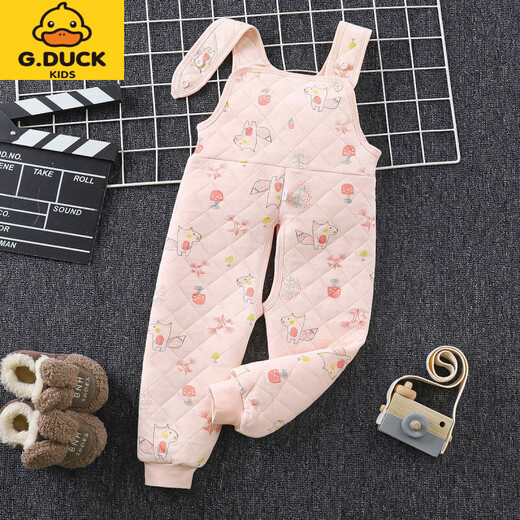 G.DUCKKIDS children's suspender long johns, thickened and warm, boys and babies, autumn and winter girls' open crotch belly-protecting bottoming one-piece pajamas, lotus color pink 100 cm