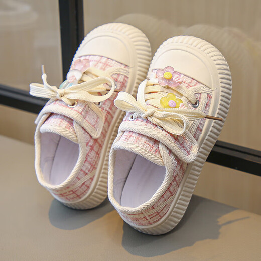 Girls canvas shoes 2025 spring and summer new breathable children's soft sole sneakers girls fashion board shoes KHR-703 pink grid 36