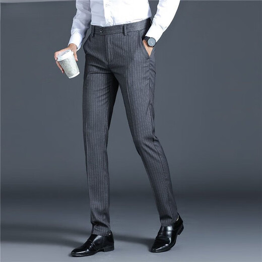 Romon (Romon) pantalon pour les affaires décontractées des affaires pour hommes et version coréenne polyvalente mince automne pantalon droit britannique rayures hommes 9902 Black épais style 33 [140-150jin [Jin est égal à 0,5 kg]]]