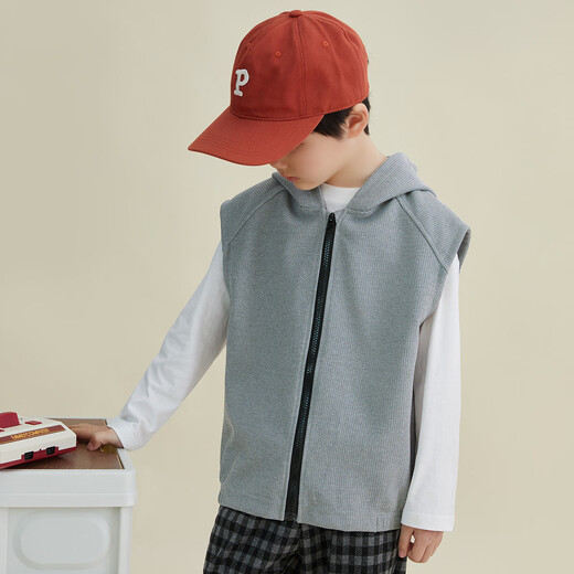 Duojia Boys' Hooded Vest 2025 Spring and Autumn Children's Sleeveless Waffle Inner Vest and Waistcoat Children's Clothing Jacket