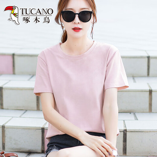 
Woodpecker high-end pure cotton T-shirt for women short-sleeved loose versatile solid color cotton green half-sleeved T-shirt summer top 6172 light purple short-sleeved M (recommended 80-105 Jin [Jin equals 0.5 kg])