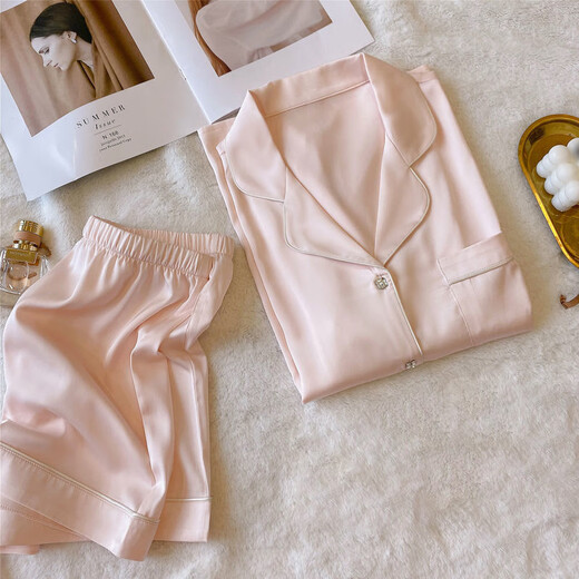 Feste Farbeis-Seiden-Pyjama für Frauen im sommerlichen dünnen Stil, hochwertiger kurzärmeliger Heimkleidung zweiteiler Anzug zum Tragen von außerhalb 9214# XL [vorgeschlagen 115-130jin [Jin ist 0,5 kg]]