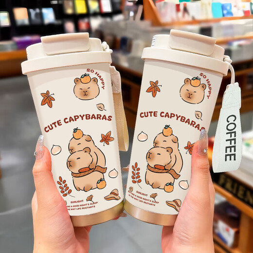 ZKHE Kapibala thermos large capacity student portable double drinking coffee cup new men and women straw water cups white-BXAB13558 capybara + with lanyard Ceramic inner liner