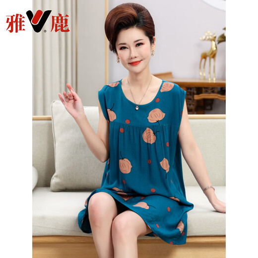 雅鹿中老年睡裙女夏季棉绸背心妈妈可外穿无袖家居服夏天薄款加肥加大 1105 XL 建议120-140斤穿