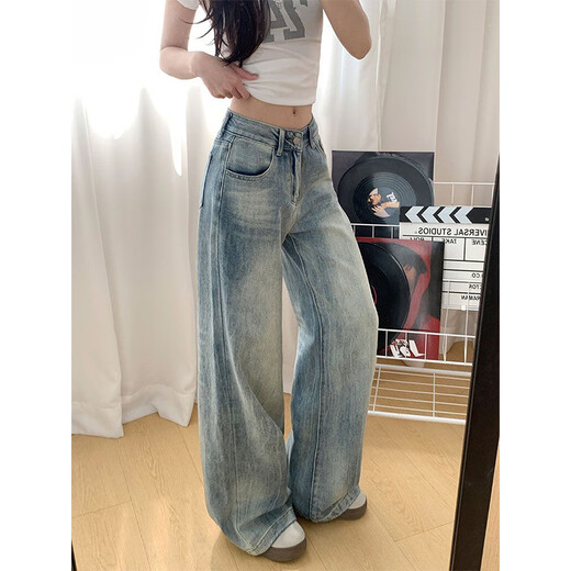 Cantu American retro narrow version straight jeans for women in summer new style small high waist loose drooping wide-leg trousers for women retro blue M [Suggested 90-110Jin [Jin equals 0.5 kg]]