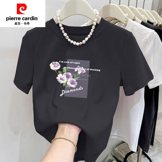 Pierre Cardin (Pierre Cardin) T-shirt en coton pur en coton pur pour femmes conception littéraire rond à manches courtes en vrac rose T-shirt Summer 2025 Nouveau top 6172 Gray Powder M (recommandé 80-105 Jin [Jin est égal à 0,5 kg]))