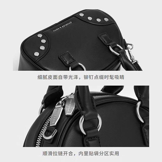CHARLES/KEITH25 autumn new product fashion rivet hand-held bowling bag crossbody bag Chinese Valentine's gift CK2-30782707 Noir black S