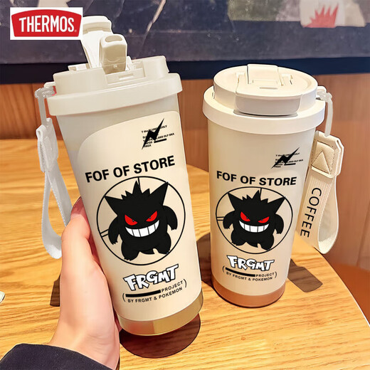 膳魔师（THERMOS）创意耿鬼保温杯大容量吸管水杯便携双饮口咖啡杯子新款男女高颜值 BXAB13796幽灵蓝+配挂绳 316不锈钢