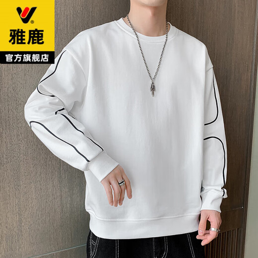 Yalu sweatshirt men's autumn and winter long-sleeved T-shirt loose round neck trendy brand plus velvet thickened large size bottoming shirt warm top DB601 black spring and autumn style XL recommended 140-160Jin Jin equals 0.5 kg