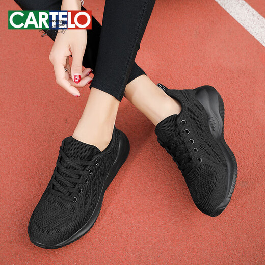 CARTELO Lace-up Women's Shoes 2025 Spring Mesh Shoes Black Mesh Breathable Sneakers Women's Light Soft Sole Running Shoes Versatile ZH6636 Black and White Mesh 41