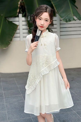 Nuevo estilo de vestido chino para niñas para niñas de moda y de moda Summer Nuevo chino Sweet Children's Vestido Off White 170