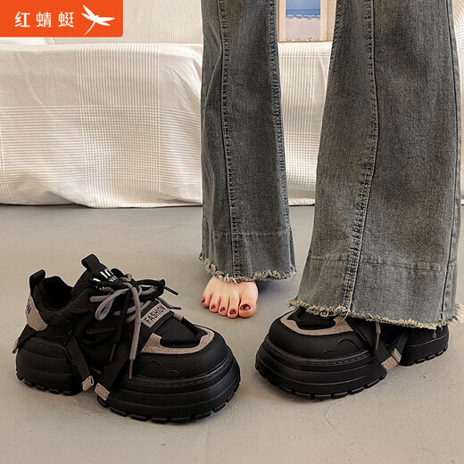 Red Dragonfly (RED DRAGONFLY) flagship sales top ten Zhao Lusi same style thick-soled platform cake dad shoes for women, small height increase 2025 new spring and autumn European goods black warranty 90 days gray 35