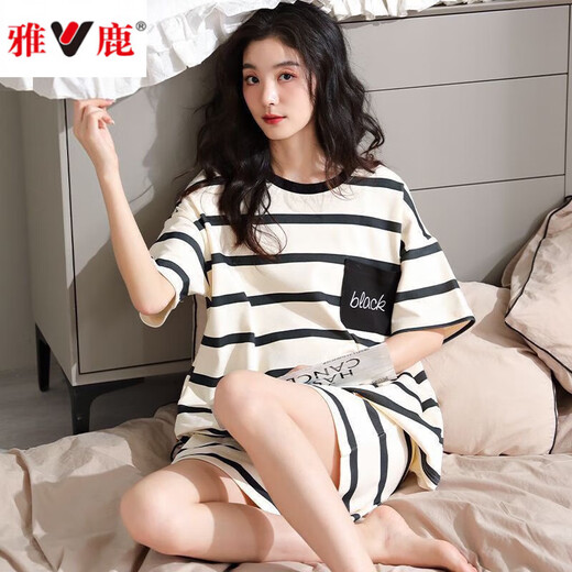 雅鹿100纯.棉睡衣女士夏季薄款短袖七分裤夏天家居服套装 6624 高品质纯棉 XXXL 150斤一165斤