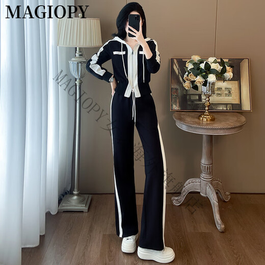 MAGIOPY国际奢侈高档品牌欧货高级感休闲运动套装女秋季时尚减龄连帽外套 黑色 S(100斤以内)