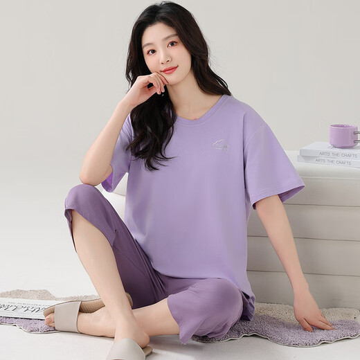 雅鹿莫代尔睡衣女夏加肥加大码短袖七分裤夏天薄款宽松套头家居服套装 XP-7027 M