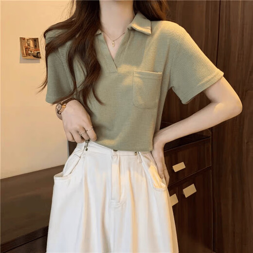 
Ran Yilan large size women's clothing design touch pocket waffle short-sleeved T-shirt female fat girl looks slim and covers her belly POLO collar top 16869#green S