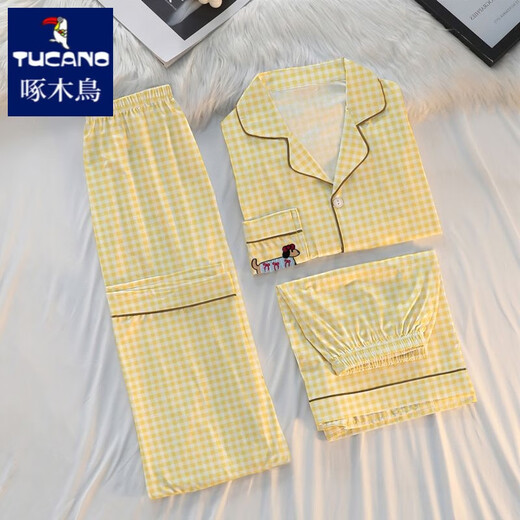 
Woodpecker Creamy Plaid Pajamas Women's Summer Short Sleeve Pure Cotton Three-Piece Set 2025 New Cute Dachshund Dog Student Home Clothing #FS-Three-Piece Set 14137 M [75-95Jin[Jin equals 0.5 kg]]
