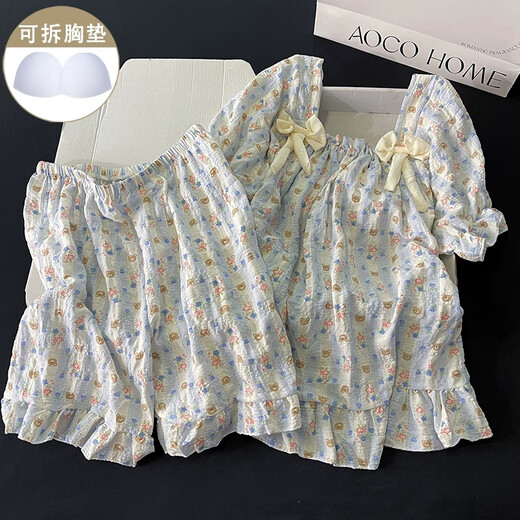 
Xiangyaxin pastoral style pajamas for women in summer cloud cotton with chest pad sweet short sleeves 2025 new princess style home clothing set 9902-2 Monet pink flower M