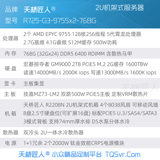 Tianqiao Craftsman 5e génération Xiaolong Dual-Road 2U Rack Racke refroidir le serveur hôte AMD EPYC 9755X2-768G