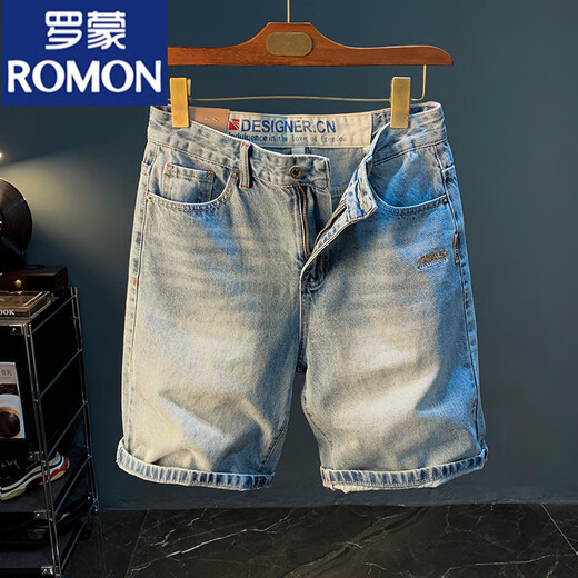 ROMON Summer Casual Shorts Men's Large Size Light Color Cotton Five-Part Jeans Trendy Embroidery High-end Men's Straight-Part Mid-Part Blue [XY9922] 28 Suitable for weight 95-108Jin [Jin equals 0.5 kg]
