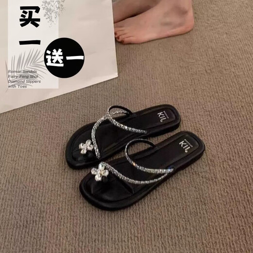 快乐玛丽（J&M）夹脚拖鞋女夏季韩版法式套趾时尚海边配裙子水钻凉拖 温州惠东真皮凉鞋女-黑色 6626a 39 凉拖鞋女2025新款