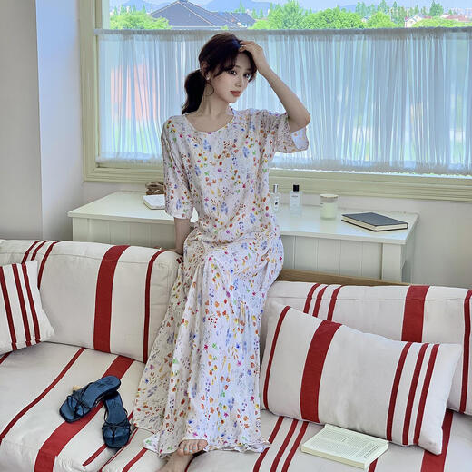 山头林村一体式固定胸垫睡裙有腰带女短袖夏季棉绸加长款连衣裙可外穿 圆领长裙绿色碎花带胸垫 均码 F裙长12590-140斤