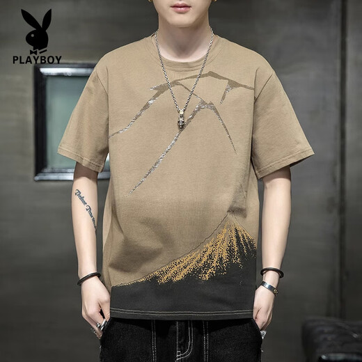 Playboy (Playboy) High-End-Kurzärärmel-T-Shirt für Herren-Baumwollkleidung 2025 NEU NEUER SOMMER MODE TRENDY Casual T-Shirt für Herren Fashion 829 Gray 3xl [161-170jin [Jin ist 0,5 kg]]]